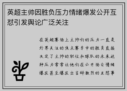 英超主帅因胜负压力情绪爆发公开互怼引发舆论广泛关注